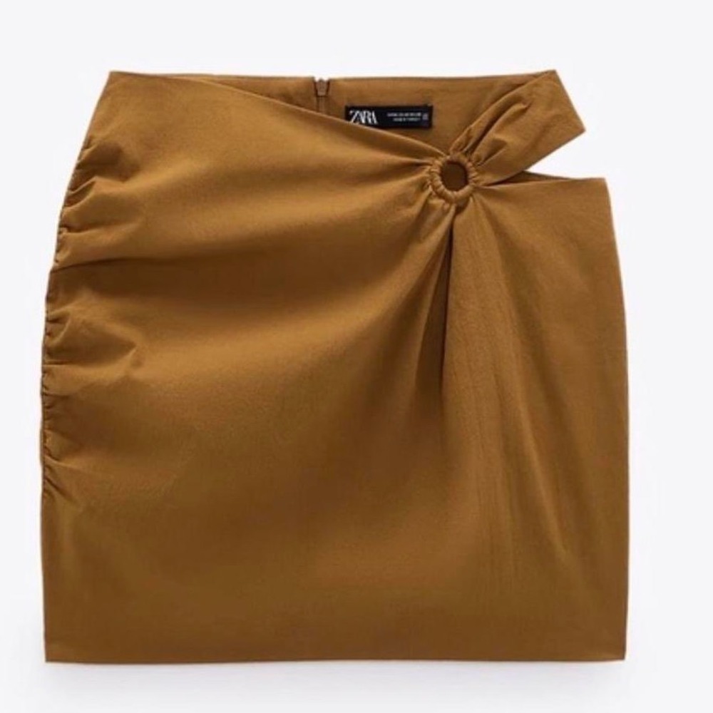 Zara Camel Side Cut Out Mini Skirt  Cotton Blend Size M Retro‎ Neutral - Picture 2 of 8